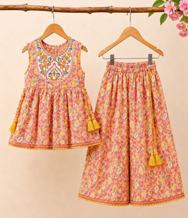 Girls Printed Sharara Set with Sleeveless Kurti | Stylish Ethnic Co-Ord Set for Girls