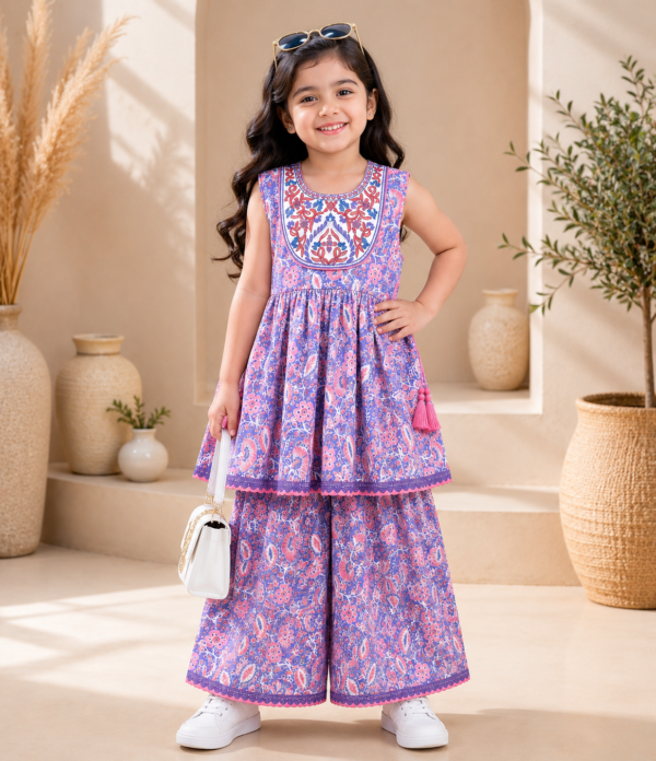 Girls Printed Sharara Set with Sleeveless Kurti | Stylish Ethnic Co-Ord Set for Girls