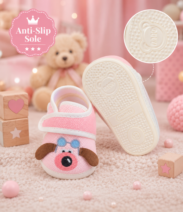 Baby Pink Cartoon Dog Prewalker Shoes | Soft Sole Anti-Slip First Walking Shoes for Baby Girls & Infants