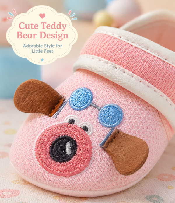 Baby Pink Cartoon Dog Prewalker Shoes | Soft Sole Anti-Slip First Walking Shoes for Baby Girls & Infants