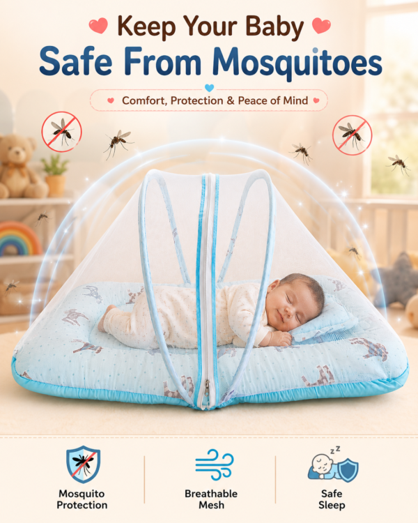 Baby Mosquito Net Bedding Set with Pillow – Soft Blue Printed Baby Sleeping Bed with Protective Net