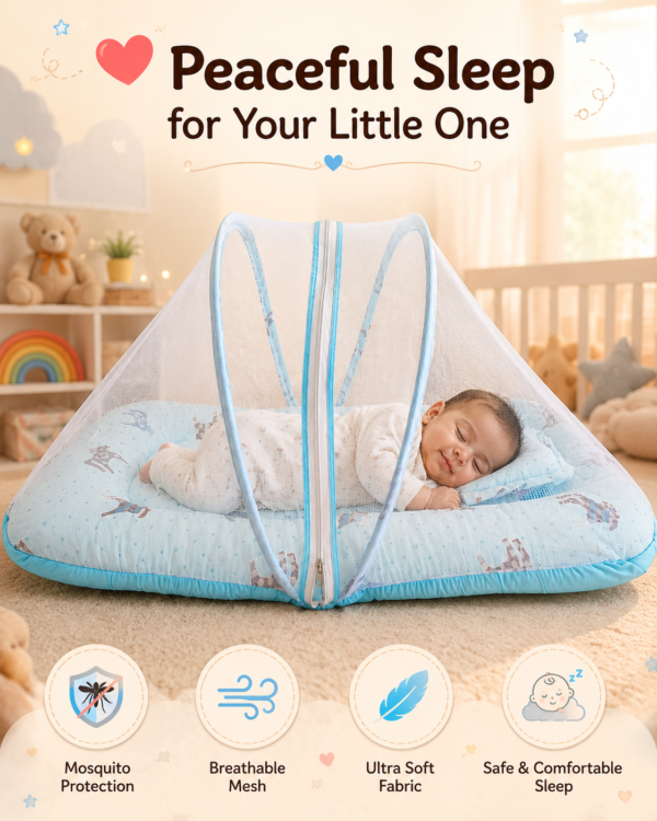 Baby Mosquito Net Bedding Set with Pillow – Soft Blue Printed Baby Sleeping Bed with Protective Net