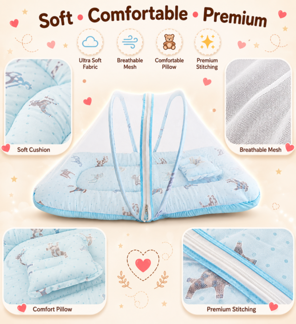 Baby Mosquito Net Bedding Set with Pillow – Soft Blue Printed Baby Sleeping Bed with Protective Net