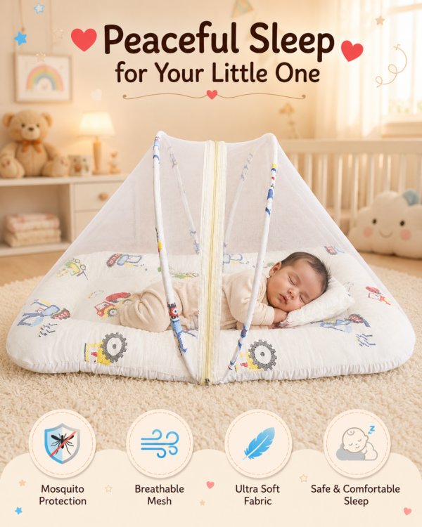 Baby Mosquito Net Bedding Set with Pillow – Vehicle Print Newborn Baby Sleeping Bed
