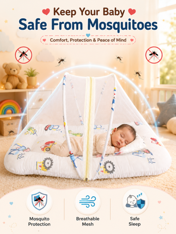 Baby Mosquito Net Bedding Set with Pillow – Vehicle Print Newborn Baby Sleeping Bed