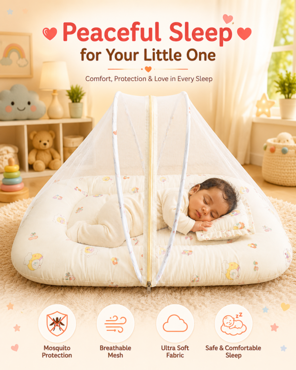 Baby Mosquito Net Bedding Set with Pillow – Soft Cream Printed Newborn Baby Sleeping Bed