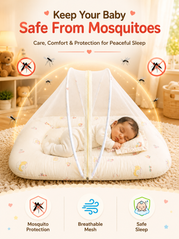 Baby Mosquito Net Bedding Set with Pillow – Soft Cream Printed Newborn Baby Sleeping Bed