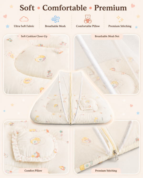 Baby Mosquito Net Bedding Set with Pillow – Soft Cream Printed Newborn Baby Sleeping Bed