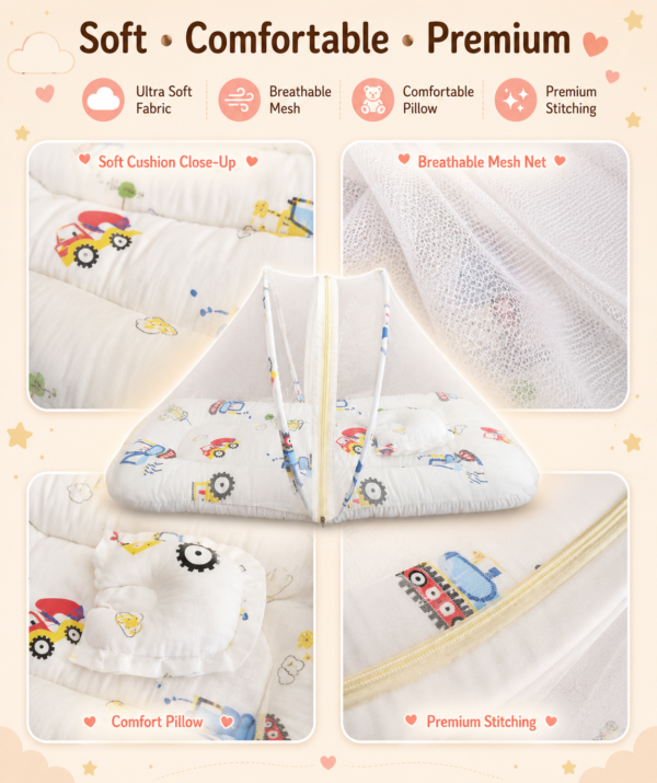 Baby Mosquito Net Bedding Set with Pillow – Vehicle Print Newborn Baby Sleeping Bed