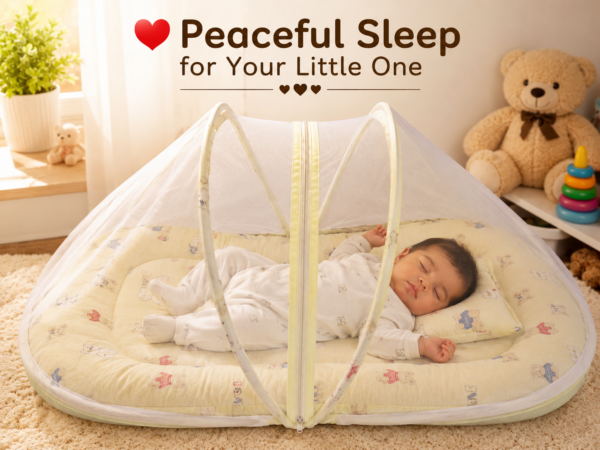 Baby Mosquito Net Bedding Set with Pillow – Soft Yellow Printed Newborn Sleeping Bed
