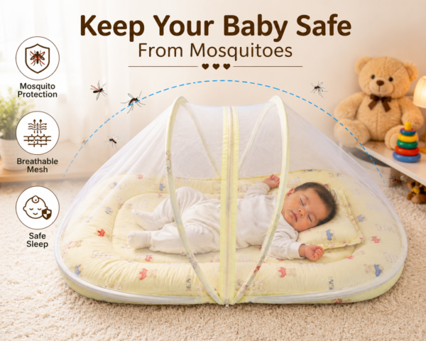 Baby Mosquito Net Bedding Set with Pillow – Soft Yellow Printed Newborn Sleeping Bed