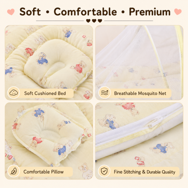 Baby Mosquito Net Bedding Set with Pillow – Soft Yellow Printed Newborn Sleeping Bed