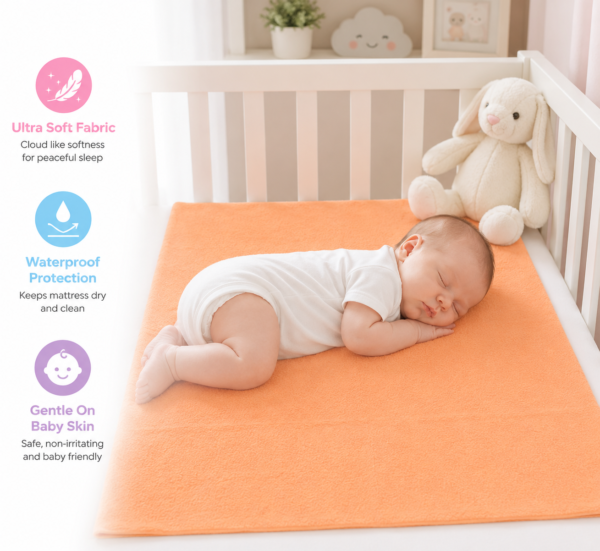 Orange Waterproof Baby Dry Sheet | Soft Reusable Mattress Protector for Newborns & Infants 1.0m x 1.4m