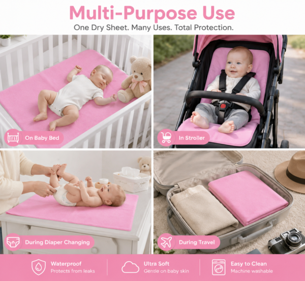 Pink Waterproof Baby Dry Sheet | Soft Reusable Mattress Protector for Newborns & Infants 0.7m x 1.0m