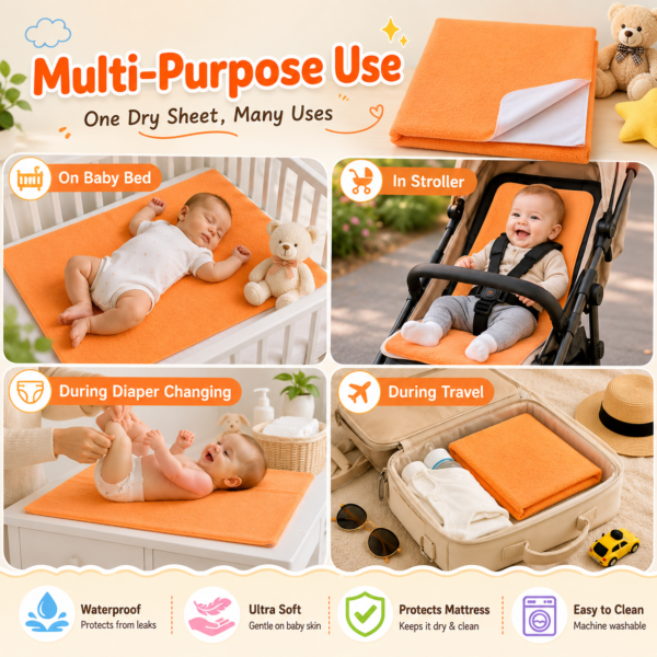 Orange Waterproof Baby Dry Sheet | Soft Reusable Mattress Protector for Newborns & Infants 1.0m x 1.4m