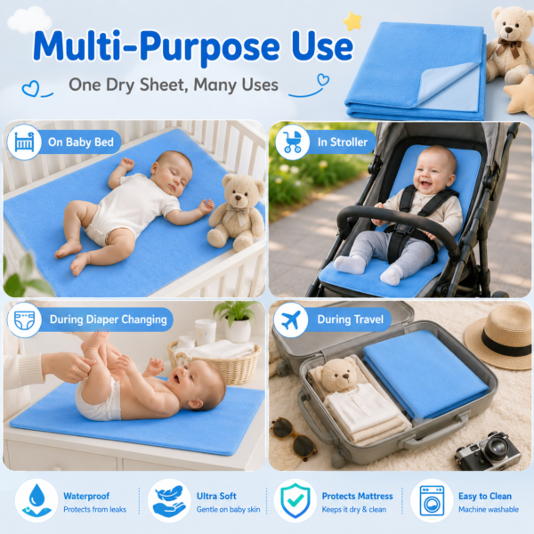 Sky Blue Waterproof Baby Dry Sheet | Soft Reusable Mattress Protector for Newborns & Infants 0.7m x 1.0m