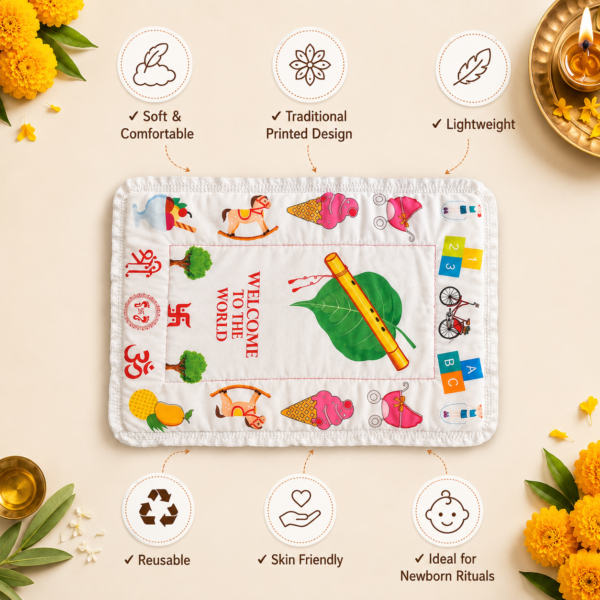 Baby Welcome Mat with Krishna Flute Print | Soft Cotton Godri for Naming Ceremony & Puja