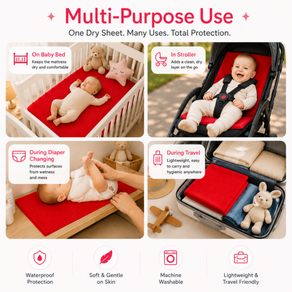Red Waterproof Baby Dry Sheet | Soft Reusable Mattress Protector for Newborns & Infants 1.0m x 1.4m