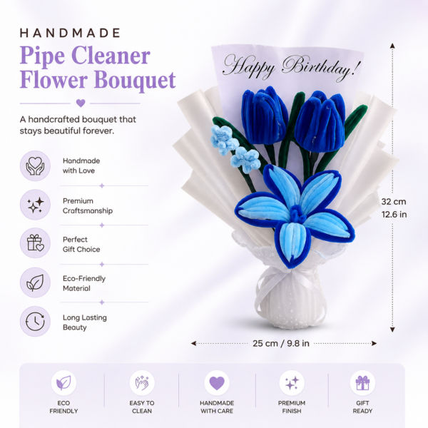 Handmade Blue Tulip & Lily Pipe Cleaner Flower Bouquet with Birthday Greeting Card | Cute Gift Bouquet for Birthday & Anniversary