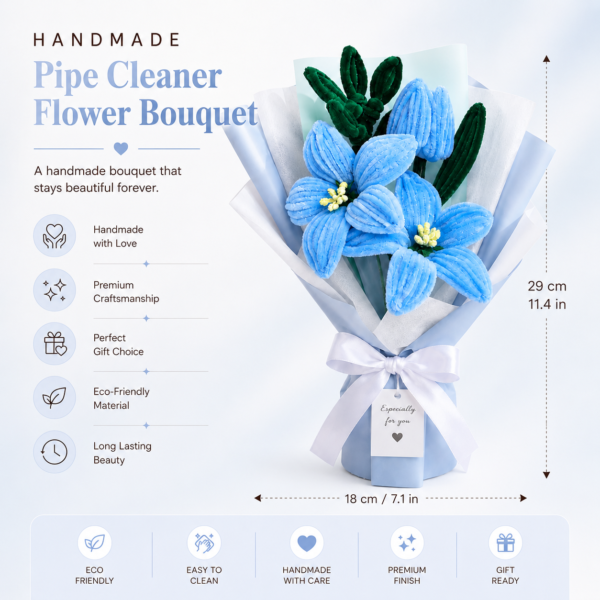 Handmade Blue Tulip & Lily Pipe Cleaner Flower Bouquet | Premium Chenille Artificial Flower Bouquet for Birthday, Anniversary, Valentine's Day & Home Decor