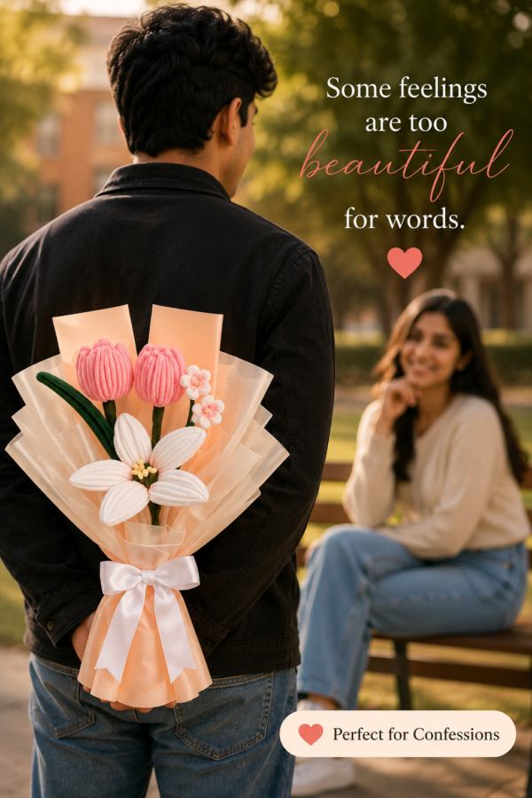 Handmade Pink Tulip & White Lily Pipe Cleaner Flower Bouquet | Premium Chenille Flower Bouquet for Birthday, Anniversary, Valentine's Day & Proposal