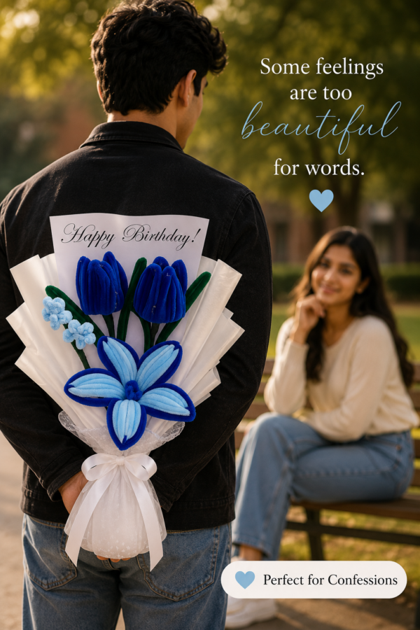 Handmade Blue Tulip & Lily Pipe Cleaner Flower Bouquet with Birthday Greeting Card | Cute Gift Bouquet for Birthday & Anniversary