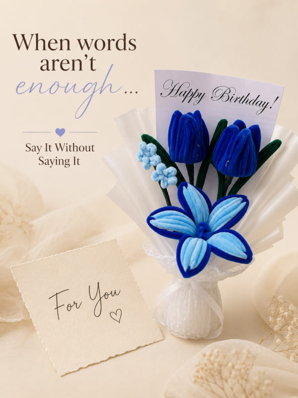 Handmade Blue Tulip & Lily Pipe Cleaner Flower Bouquet with Birthday Greeting Card | Cute Gift Bouquet for Birthday & Anniversary