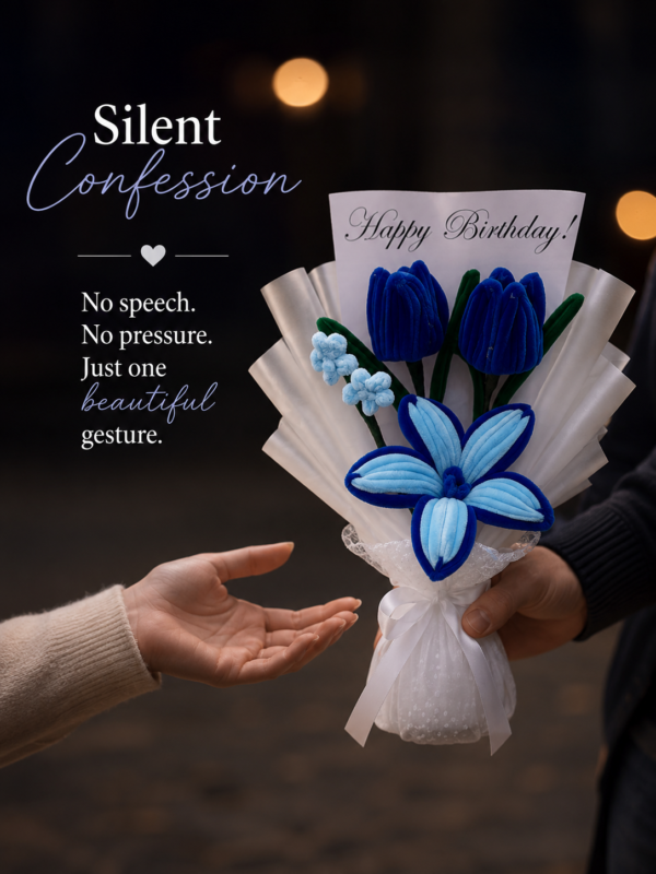 Handmade Blue Tulip & Lily Pipe Cleaner Flower Bouquet with Birthday Greeting Card | Cute Gift Bouquet for Birthday & Anniversary