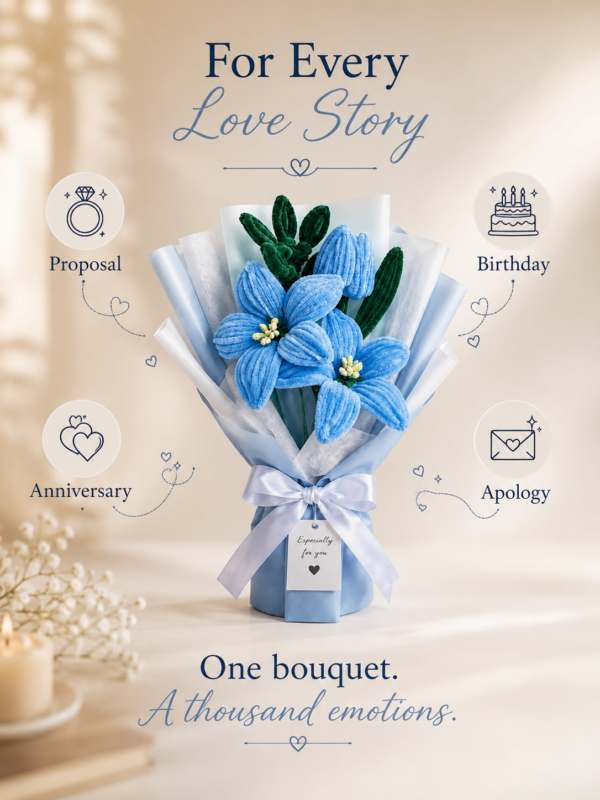Handmade Blue Tulip & Lily Pipe Cleaner Flower Bouquet | Premium Chenille Artificial Flower Bouquet for Birthday, Anniversary, Valentine's Day & Home Decor