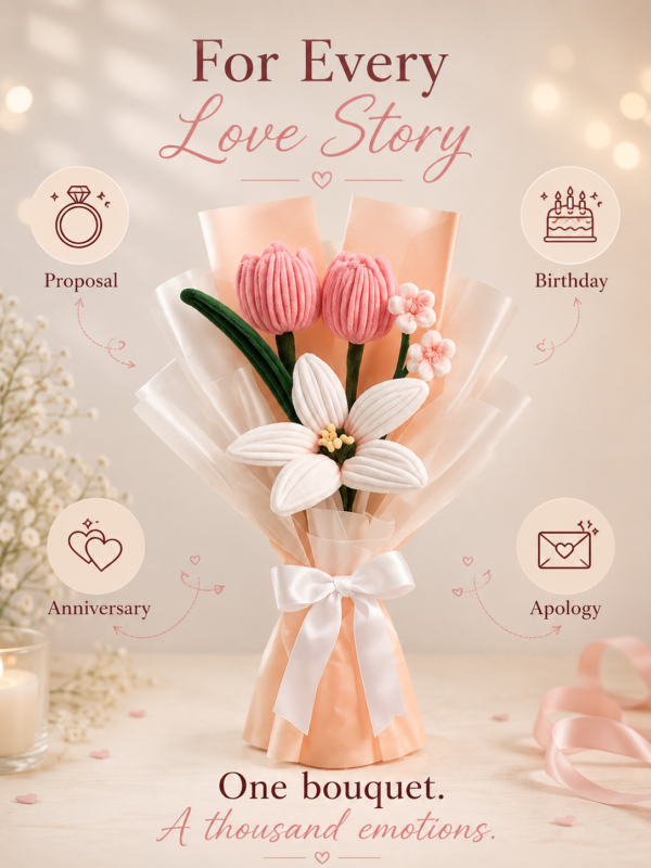 Handmade Pink Tulip & White Lily Pipe Cleaner Flower Bouquet | Premium Chenille Flower Bouquet for Birthday, Anniversary, Valentine's Day & Proposal