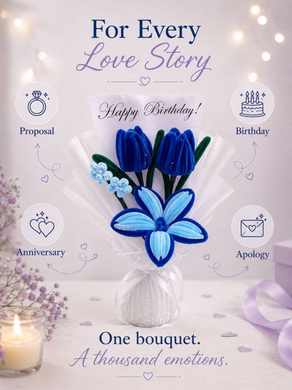 Handmade Blue Tulip & Lily Pipe Cleaner Flower Bouquet with Birthday Greeting Card | Cute Gift Bouquet for Birthday & Anniversary