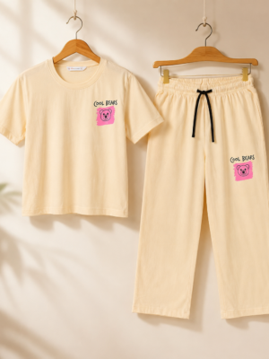 Girls Cool Bears Printed Cotton Co-Ord Set | Kids Half Sleeve T-Shirt & Wide Leg Palazzo Pants Set