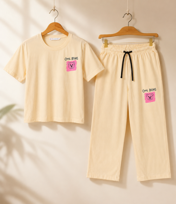 Girls Cool Bears Printed Cotton Co-Ord Set | Kids Half Sleeve T-Shirt & Wide Leg Palazzo Pants Set