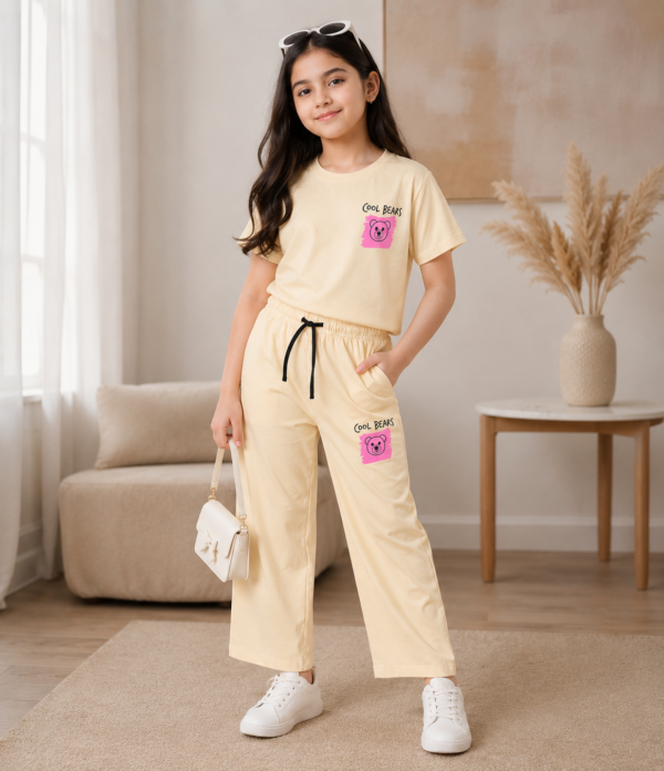 Girls Cool Bears Printed Cotton Co-Ord Set | Kids Half Sleeve T-Shirt & Wide Leg Palazzo Pants Set