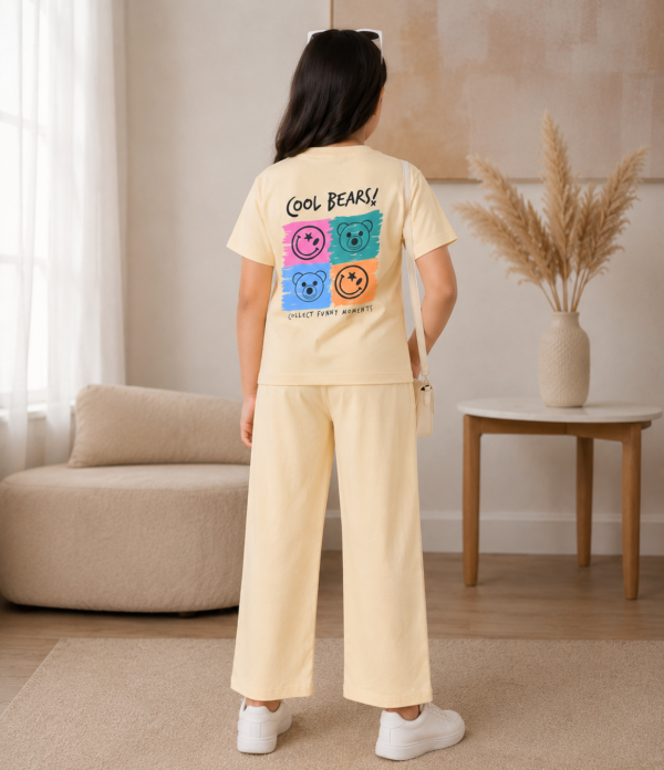 Girls Cool Bears Printed Cotton Co-Ord Set | Kids Half Sleeve T-Shirt & Wide Leg Palazzo Pants Set