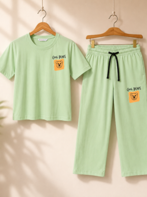 Girls Cool Bears Printed Cotton Co-Ord Set | Kids Half Sleeve T-Shirt & Wide Leg Palazzo Pants Set