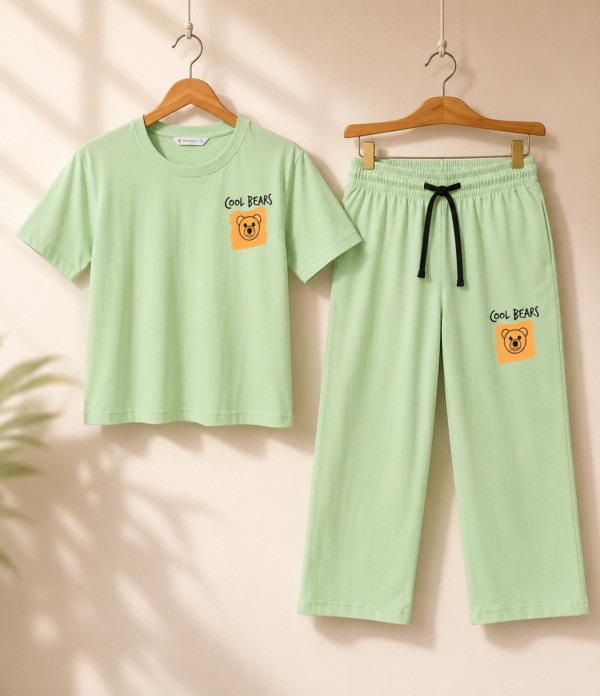 Girls Cool Bears Printed Cotton Co-Ord Set | Kids Half Sleeve T-Shirt & Wide Leg Palazzo Pants Set