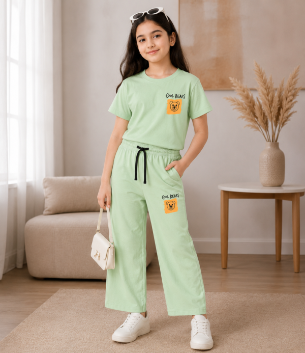 Girls Cool Bears Printed Cotton Co-Ord Set | Kids Half Sleeve T-Shirt & Wide Leg Palazzo Pants Set