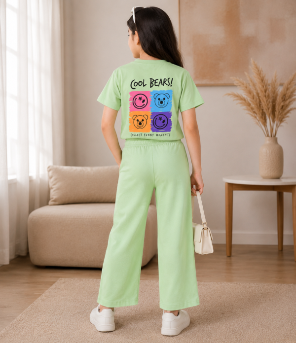 Girls Cool Bears Printed Cotton Co-Ord Set | Kids Half Sleeve T-Shirt & Wide Leg Palazzo Pants Set