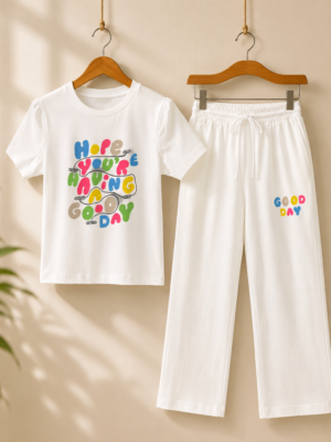 Girls Printed Cotton Co-Ord Set with Wide Leg Palazzo Pants | Half Sleeve T-Shirt & Bottom Set
