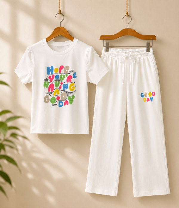 Girls Printed Cotton Co-Ord Set with Wide Leg Palazzo Pants | Half Sleeve T-Shirt & Bottom Set
