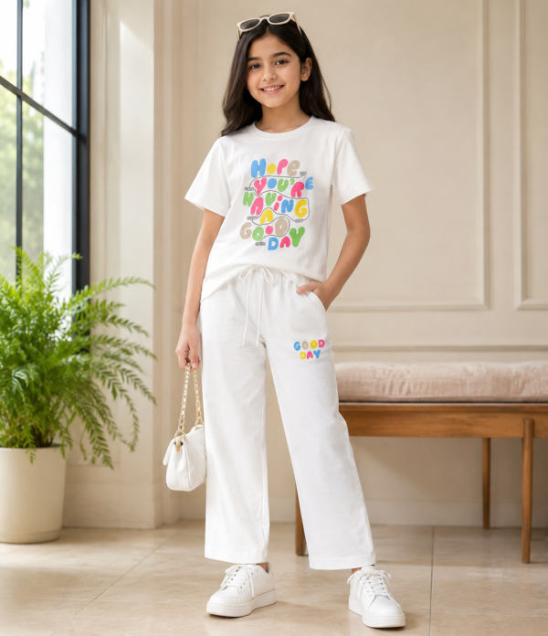 Girls Printed Cotton Co-Ord Set with Wide Leg Palazzo Pants | Half Sleeve T-Shirt & Bottom Set