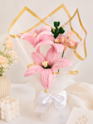 Handmade Pink Lily Pipe Cleaner Flower Bouquet | Crochet Style Artificial Flower Bouquet for Gifts & Home Decor