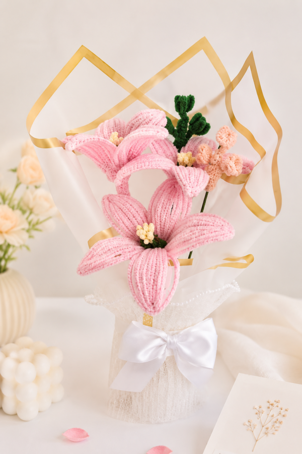 Handmade Pink Lily Pipe Cleaner Flower Bouquet | Crochet Style Artificial Flower Bouquet for Gifts & Home Decor