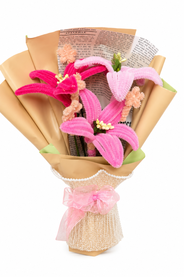 Handmade Pink Lily Pipe Cleaner Flower Bouquet | Crochet Style Artificial Flower Bouquet for Gifts & Home Decor