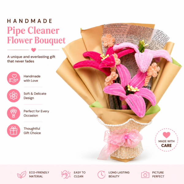Handmade Pink Lily Pipe Cleaner Flower Bouquet | Crochet Style Artificial Flower Bouquet for Gifts & Home Decor