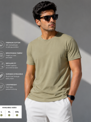 Men's Olive Green Cotton T-Shirt Regular Fit Round Neck Casual Wear