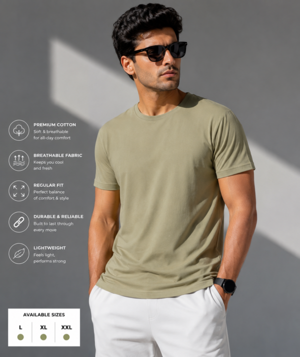 Men's Olive Green Cotton T-Shirt Regular Fit Round Neck Casual Wear