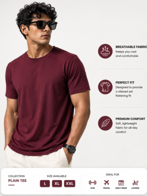 Men's Maroon Cotton T-Shirt Regular Fit Round Neck Casual Plain Tee
