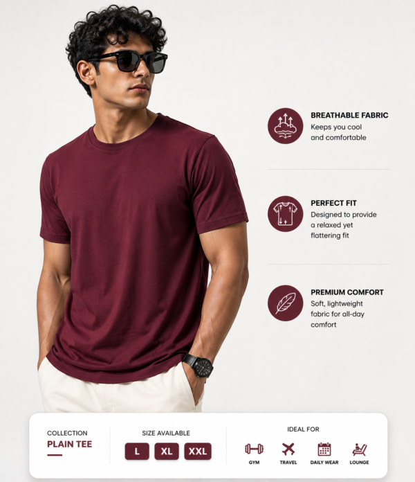 Men's Maroon Cotton T-Shirt Regular Fit Round Neck Casual Plain Tee